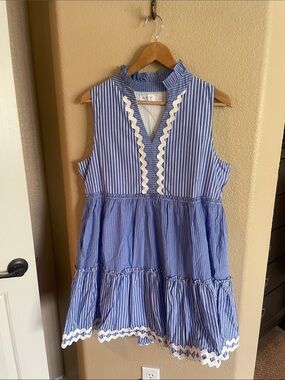 Shop the Mint Sleeveless Blue Stripe Ruffle-Trim Dress Size L
